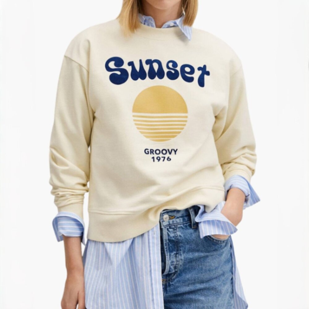 MNG Mango Sunset Groovy 1976 Sweat Top Small Retro Style Light Yellow Casual